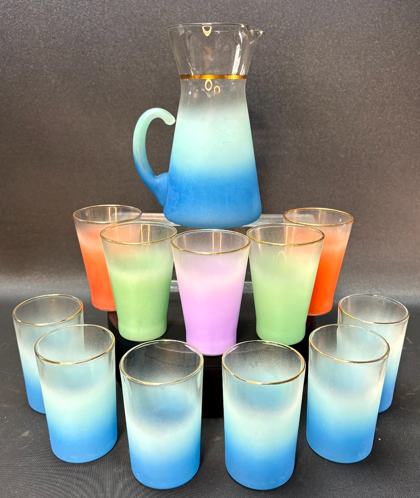 VTG West Virginia Glass Blendo Frosted Pitcher & 6 Tumblers Set + 5 Glasses
