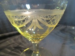 Topaz Yellow 8 Champagne Goblet Delicate Etched Swag Draped Criss Cross Design