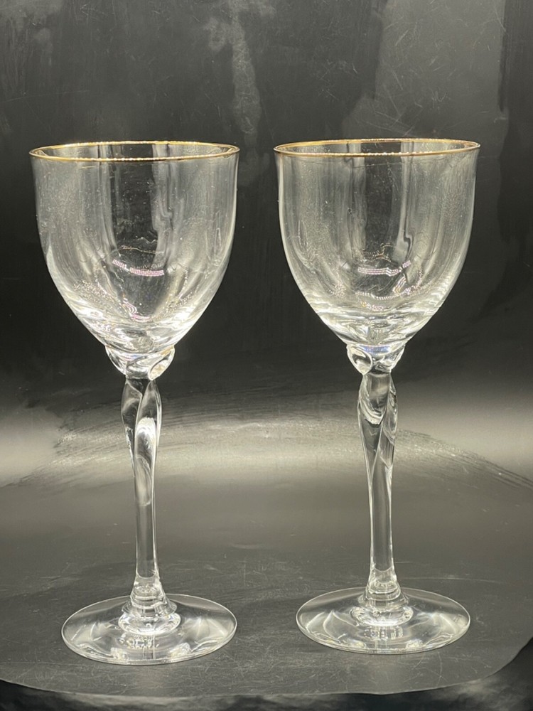 2, Clear, crystal wine glass with gold trim, swirl pattern 7 1/2″ high