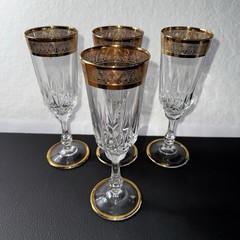 4 Bohemian Style Crystal Champagne Flutes Gold Encrusted Rim Cut Glass Elegant