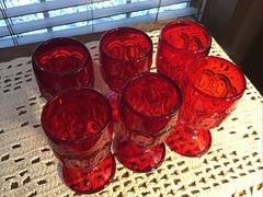 6 Vintage Ruby L G Wright Moon And Stars 4 1/2” Wine Glasses 2 Sets Available