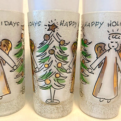 SET OF 4 Vintage JOHN SUTTON Gold ANGELS & TREES Frosted Glass Tumblers RARE