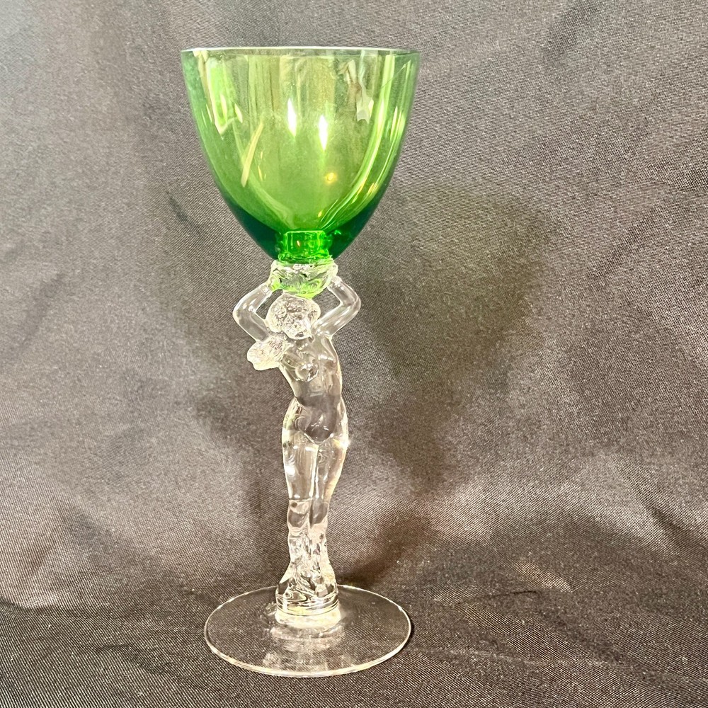 Vintage Cambridge Glass Nude Stem Goblet Emerald Forest Green Banquet Art Deco