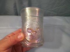 Dugan White Carnival Glass Wreathed Cherry Tumbler