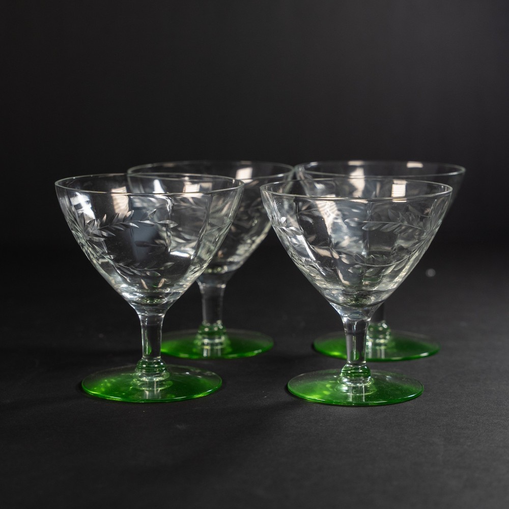 Vintage Uranium Vaseline Green Foot Etched Coupe Sherbet Glasses Set 4 Read