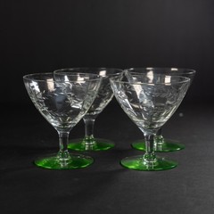 Vintage Uranium Vaseline Green Foot Etched Coupe Sherbet Glasses Set 4 Read