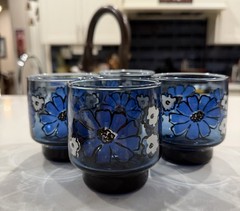 Vintage Libbey ‘camellia’ Blue and White Floral Rocks 8 Oz Juice Glasses