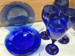 Vintage Cobalt Blue Dishes 8p Set Wine Glasses & 7.5” Saucer Plates LIBBEY Glass