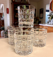 4- BLOCK CRYSTAL 3.75″ Double Old Fashioned 10 OZ Glasses Square Plaid Pattern