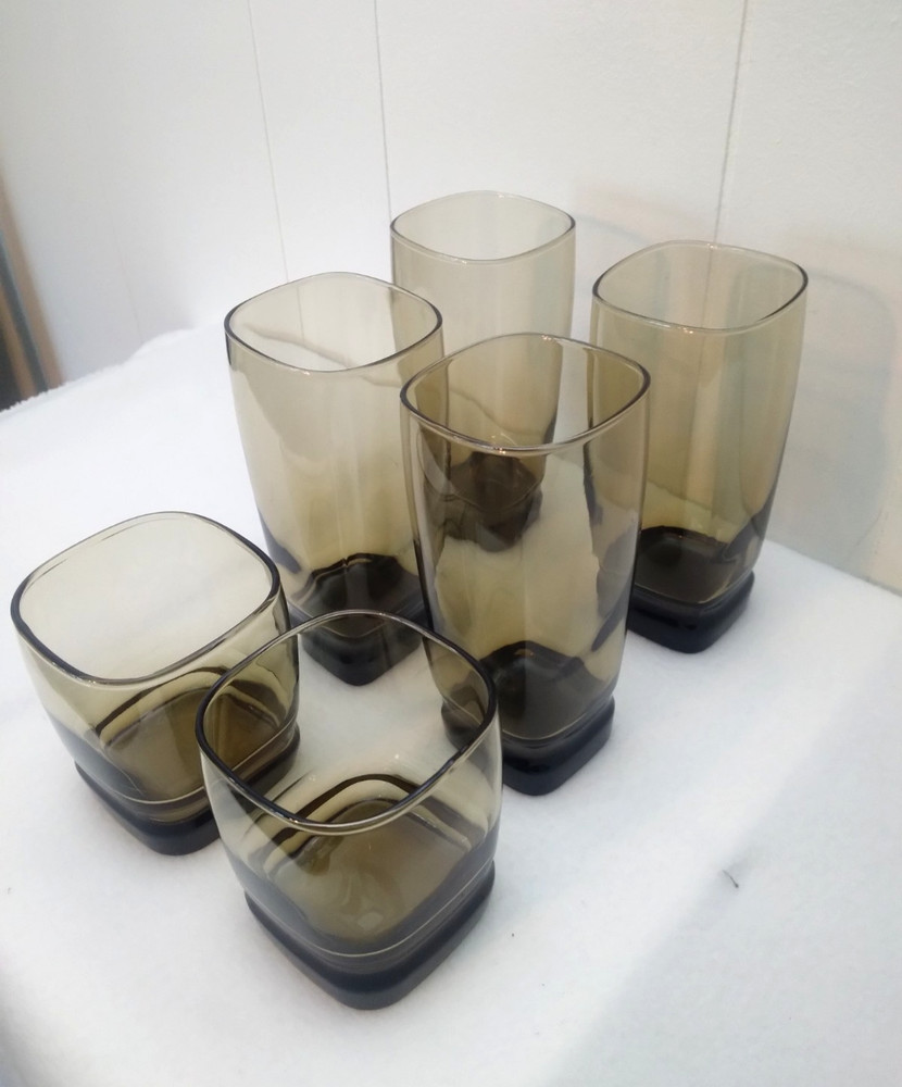 4 VTG LIBBEY Smoke Brown Carrington Highball Tumblers 6 1/4″ & 2 Rock Glasses
