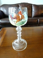 Antique Continental Bohemian Enameled Painted HORSE RACING GOBLET Beehive Stem