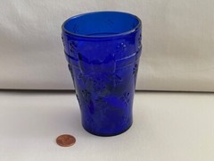 Vintage Cobalt Blue Glass Tumbler Bow and Flower Design Made in Italy