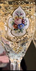 Enameled Floral Gold Gilt Crystal Wine Stems 6 Total Stemware RARE