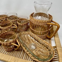 Vintage 70s Wicker & Glass Drinkware COMPLETE Set