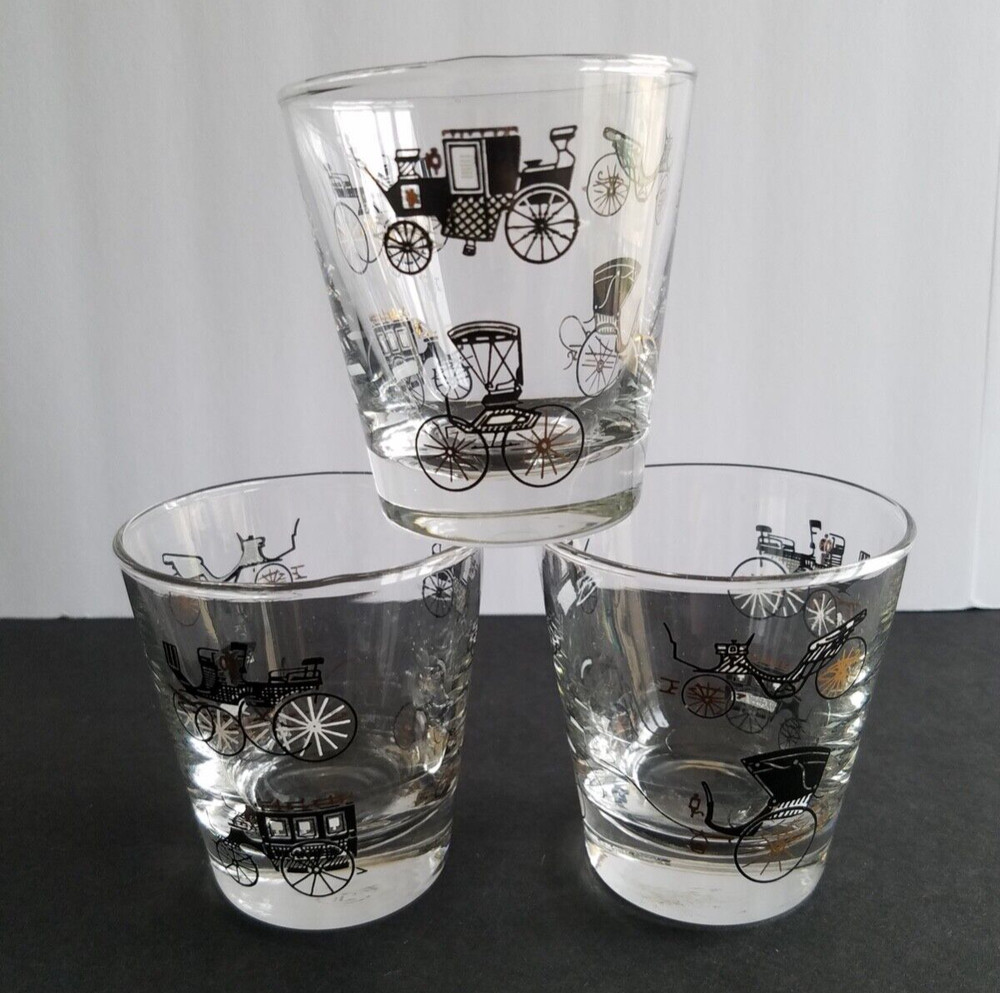 3 VTG Libby 8 Oz Black Gold Trim Clear Antique Automobile Car Rocks Glasses