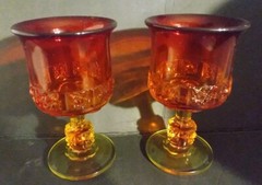 Pair LG Wright Daisy & Cube Goblets Amberina Orange Glow In Black Light 5.75″ T