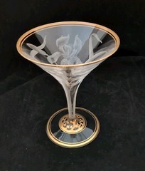 Moser Harrach Bohemian Art Nouveau Engraved Iris Gold Martini, Coupe, Champagne