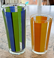 Set of 2 Vintage MCM Green/Blue and Orange/Yellow Striped Drinking Glasses