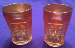 A pair of Fenton Butterfly & Berry Marigold Carnival Glass Tumblers Vtg c. 1911