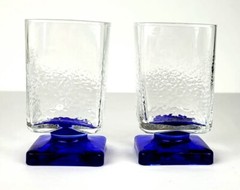 Vintage Textured Square Shape Two Glasses By Rocco With Cobalt Blue Base