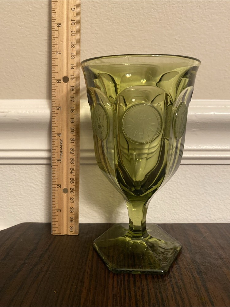 Vintage Fostoria Olive Green 1887 Coin Pattern #1372 Line Glass Goblet 6.5”