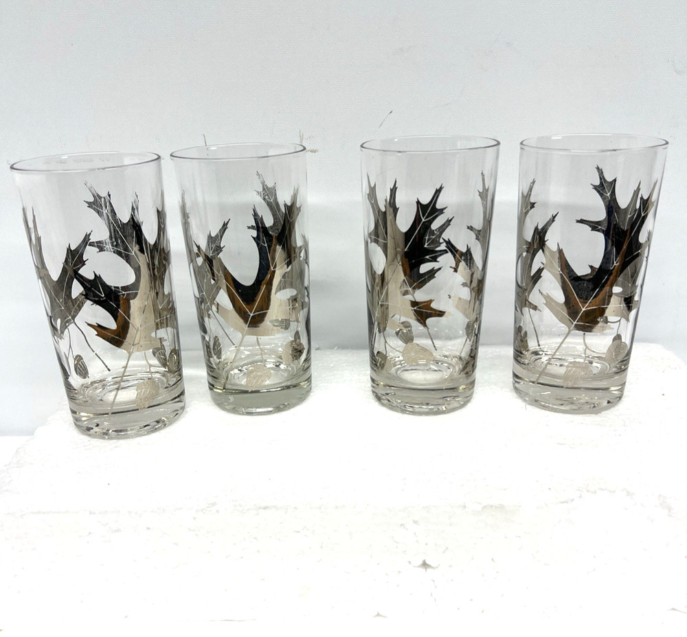 Silver Oak Leaf & Acorn Gold Guilt High Relief High Ball Glasses MCM 4 Vintage