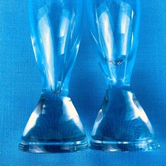 Nambe TILT two Champagne Flutes 7.5” Heavy Base Tilts Hard to Find Tiny Chip
