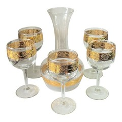 Vintage Culvers Ltd Tyrol 22K Gold Decanter 5 Wine Glasses Made in USA 1960s
