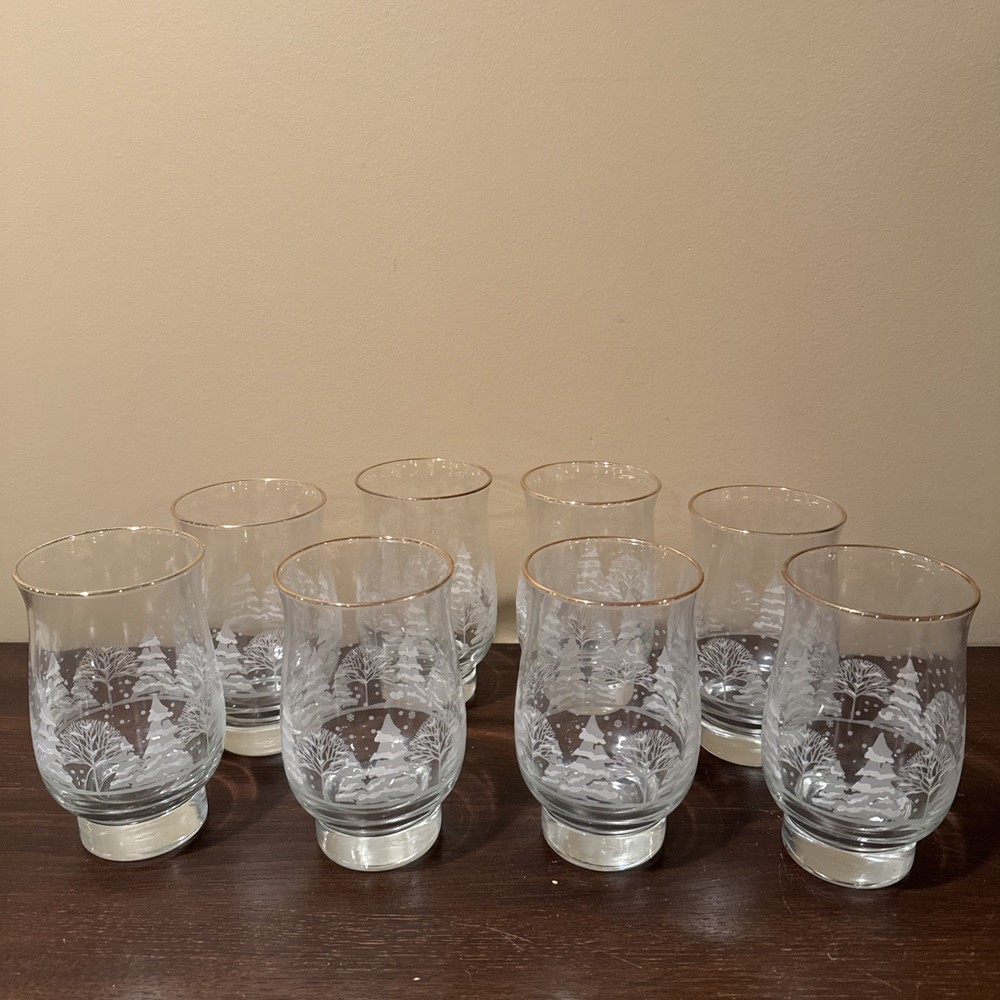 Vintage Libbey Arby’s Tumbler Glasses Etched Gold Rim Winter Snow Scene Set of 8