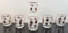 (6) Libbey Golden Foliage 6 Oz Old Fashioned Set Vintage Leaves Frosted MCM Lot
