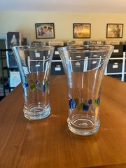 Set of Two Global Amici Harlequin II Blue & Green Blown Glass Highballs- Nice!