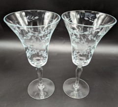 VTG Pair of Hand Cut & Mouth Blown Water/Wine Goblets Plant & Dot Cut Design EUC