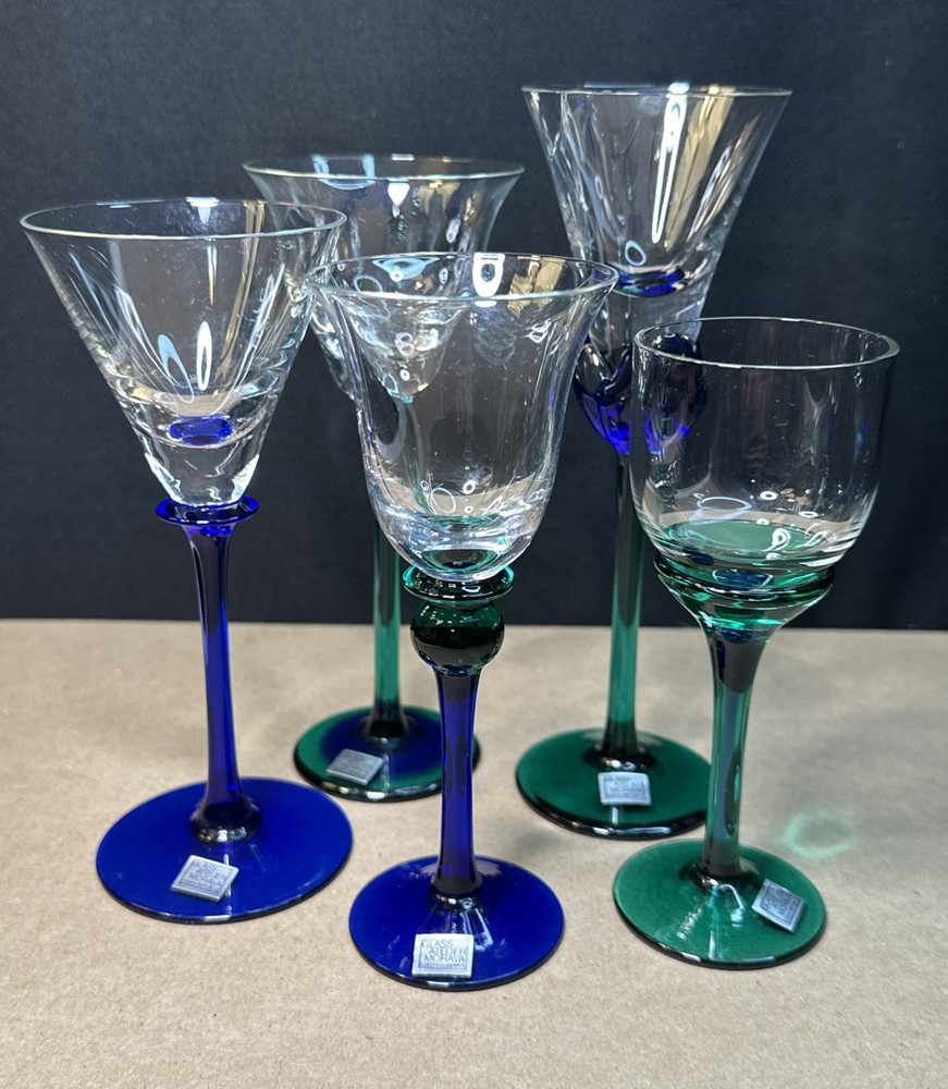 ATELIER MORAVA CZECH BOHEMIA GLASS SET OF 5 COLORFUL WINE GOBLETS HAND BLOWN VTG