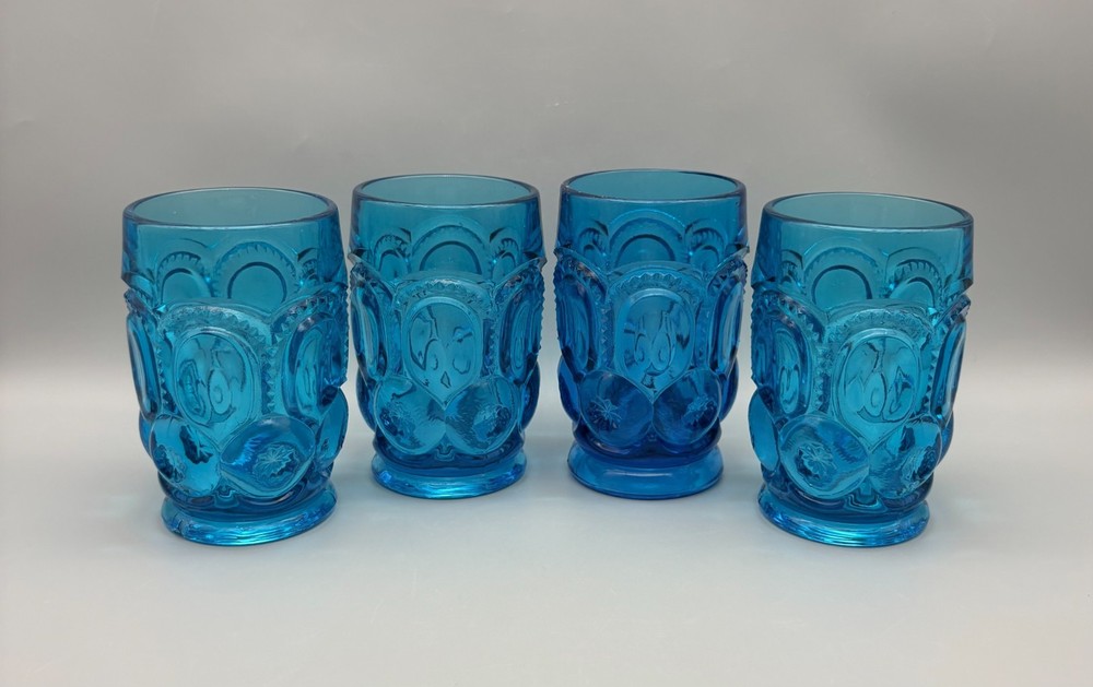 Vintage L.E. Smith Colonial Blue Moon and Stars Footed Tumblers Set of 4