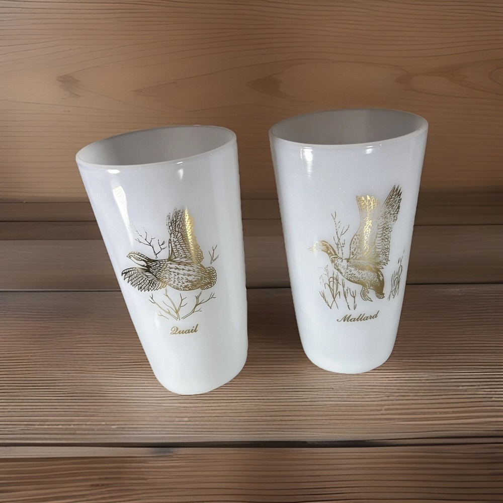 Set Of 2: 22k Gold Mallard Duck/ Quail Milk Glass Tumblers 5”x3”