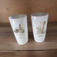 Set Of 2: 22k Gold Mallard Duck/ Quail Milk Glass Tumblers 5”x3”