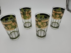 4 Vintage Cera Green 24K Gold Grape Vines Pillar Highball Glasses Mid Century