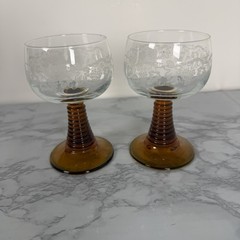 Pair Vintage ROMER Grapevine Etched Wine Glasses Amber Beehive Stem France