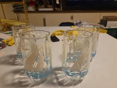 Vintage Mid Century Nautical Glasses 4 Sailboats, Teal Blue Waves, Birds