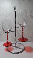 Set Of 2 Ribbon Stem/Red Swirl Wine Glasses