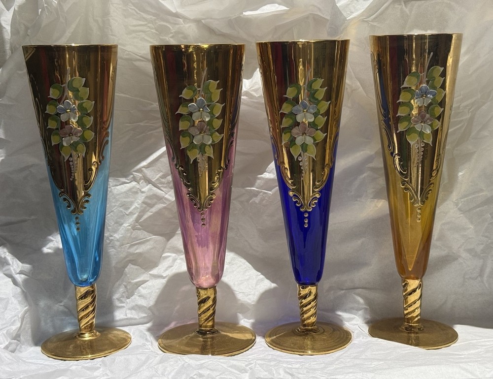 1960-70s Venetian Murano-style Hand Painted Enamel Floral Champagne Flutes 4 SET