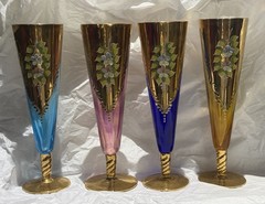 1960-70s Venetian Murano-style Hand Painted Enamel Floral Champagne Flutes 4 SET