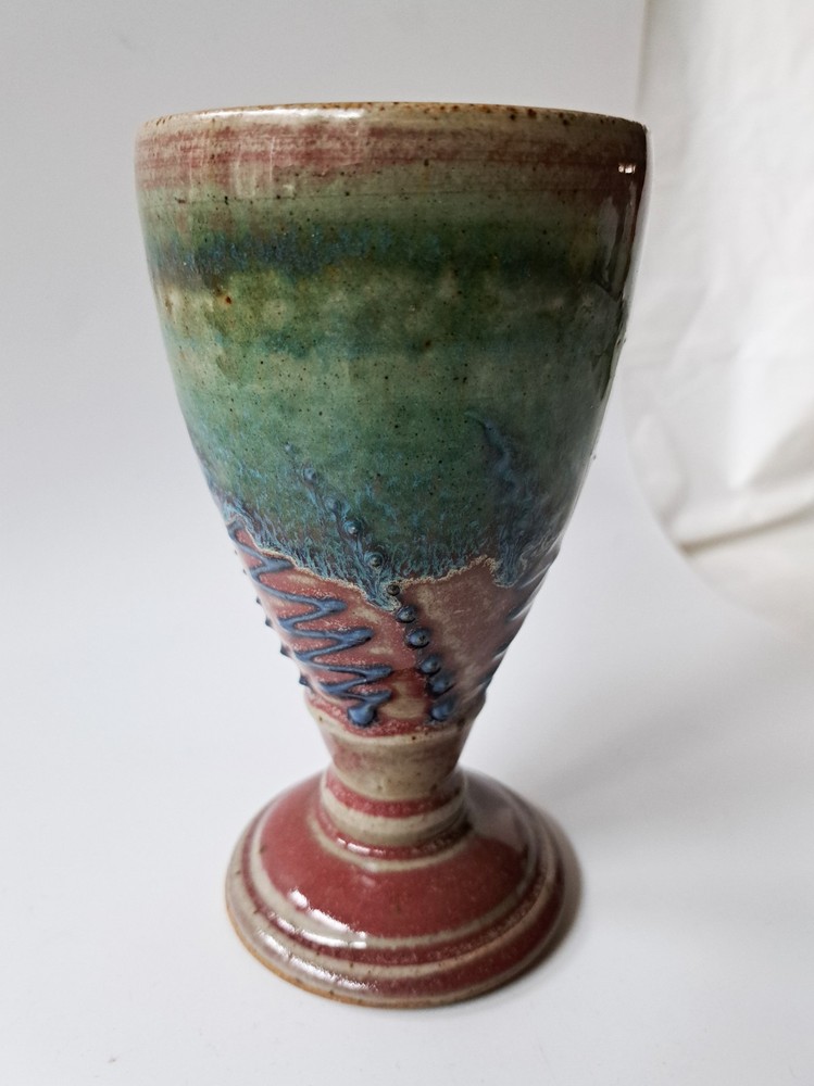 6″ Studio Pottery Chalice Goblet, Red & Green Glaze, Blue Slip-Dots