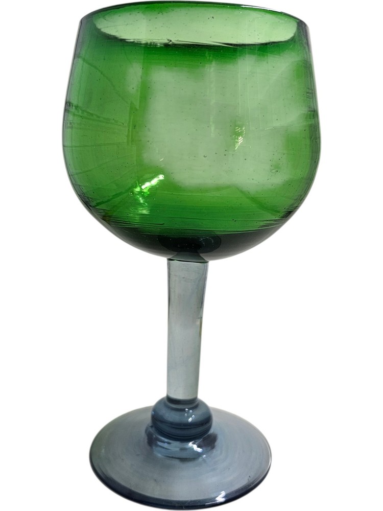 Vintage Hand Blown 2-Tone Green Blue Art Glass Wine Goblet Bubbles 8″ Tall