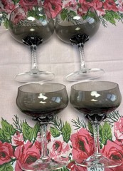 Set Of 4 Vintage SASAKI Coronation Smoke Gray Swirl Champagne Glasses 5” EXC