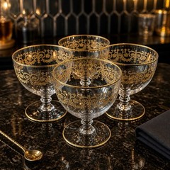 Set Of 4 Baccarat crystal gilded water goblet in the Flora pattern. Signed