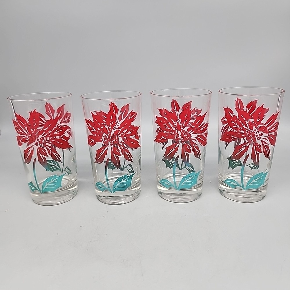 Vintage 4 Poinsettia Christmas Holiday 5” Glasses Tumblers Retro MCM
