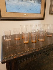 Set of 9 assorted vintage pink depression glass tumblers