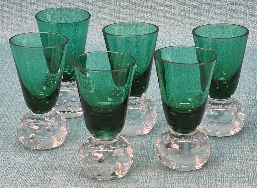 6 Vintage Controlled Bubble Bottom Shot / Cordial Glasses – Green 3″ Tall