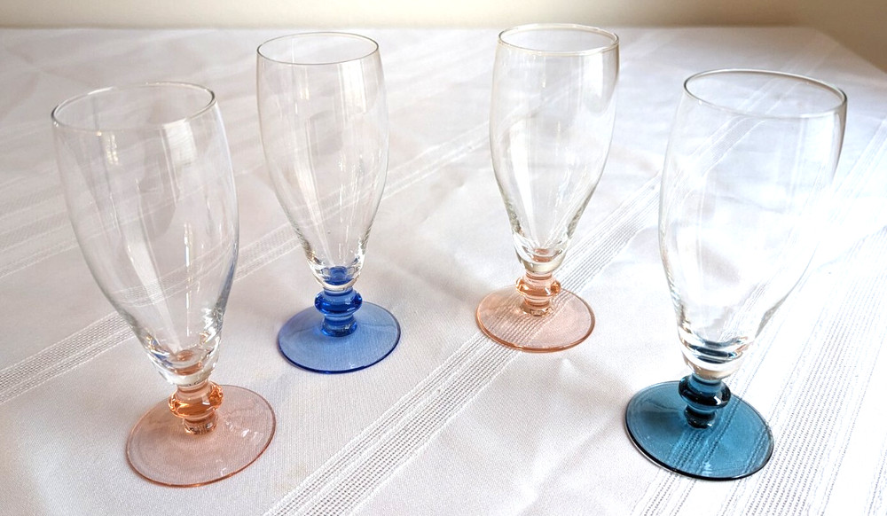 VINTAGE LOT OF 4 GLASS GOBLETS ~ MULTI COLORED STEM BASE CHAMPAGNE WINE PARFAIT